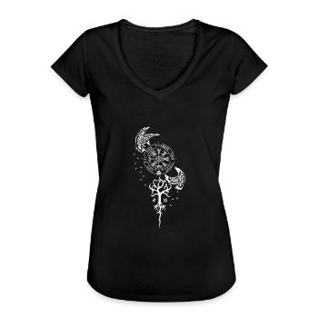 Nordische Symbolik - Runen, Vevisir, Raben - Frauen Vintage T-Shirt - Schwarz - Vorne - Danielle (179cm)