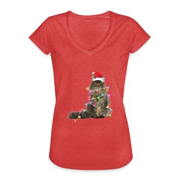 Katze - Weihnachten - Winter - Lichterkette - Frauen Vintage T-Shirt - Rot meliert - Vorne - Danielle (179cm)