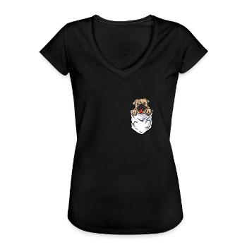 Pug Mops in Tasche - Frauen Vintage T-Shirt - Schwarz - Vorne - Danielle (179cm)