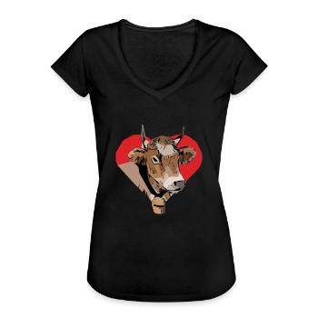 Kuh Bauer Kuhmotiv Tiergesicht Tier Motiv Aufdruck - Frauen Vintage T-Shirt - Schwarz - Vorne - Danielle (179cm)