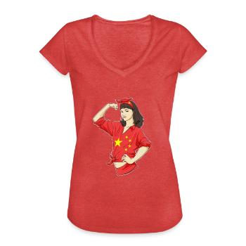 Fille chinoise incassable I Héritage chinois I - T-shirt vintage Femme - rouge chiné - Devant - Danielle (179cm)