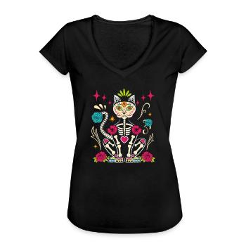 Dia De Los Muertos Sugar Skull Skelett Katze - Frauen Vintage T-Shirt - Schwarz - Vorne - Danielle (179cm)