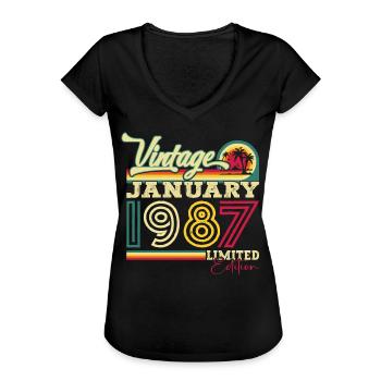 Né 1987 Janvier 36th anniversaire Homme cadeau - T-shirt vintage Femme - noir - Devant - Danielle (179cm)
