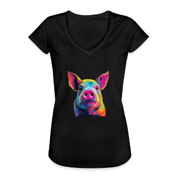 Watercolor Colorful Pig Colorful Animals - Women's Vintage T-Shirt - black - Front - Danielle (179cm)
