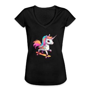 Licorne sur une planche à roulettes - T-shirt vintage Femme - noir - Devant - Danielle (179cm)