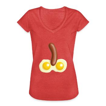 Oeufs au plat et saucisse - T-shirt vintage Femme - rouge chiné - Devant - Danielle (179cm)