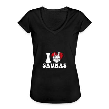 Jeg elsker saunaer - Dame vintage T-shirt - sort - Foran - Danielle (179cm)
