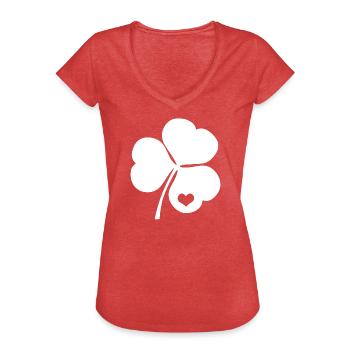 Trèfle irlandais avec coeur - T-shirt vintage Femme - rouge chiné - Devant - Danielle (179cm)