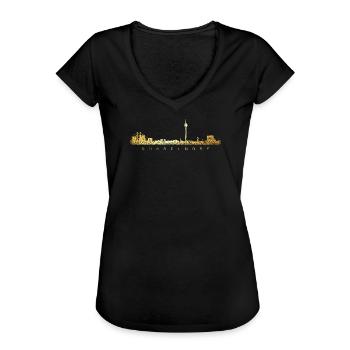 Düsseldorfer Skyline Düsseldorf (Vintage Goldgelb) - Frauen Vintage T-Shirt - Schwarz - Vorne - Danielle (179cm)