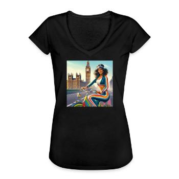Retro Girl on a Bicycle par Big Ben à Londres - T-shirt vintage Femme - noir - Devant - Danielle (179cm)