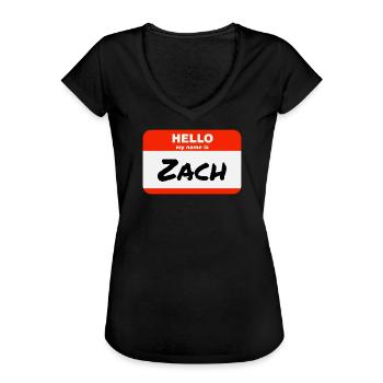 Bonjour, je m’appelle Zach Étiquette Étiquette - T-shirt vintage Femme - noir - Devant - Danielle (179cm)