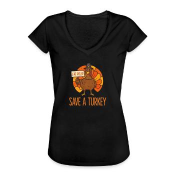 Rette Einen Truthahn Essen Pizza Lustig Thanksgiving Männer Frauen - Frauen Vintage T-Shirt - Schwarz - Vorne - Danielle (179cm)