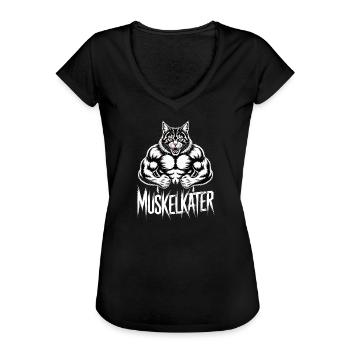 Muskulöser Muskelkater Cartoon Katze - Frauen Vintage T-Shirt - Schwarz - Vorne - Danielle (179cm)