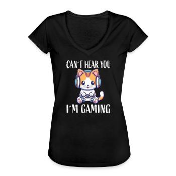 Chaton avec un casque en jouant - T-shirt vintage Femme - noir - Devant