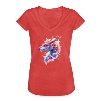 Dragon Fleur Bleu - T-shirt vintage Femme - rouge chiné - Devant - Danielle (179cm)