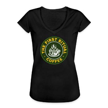 First Ritual Coffee Badge - Women's Vintage T-Shirt - black - Front - Danielle (179cm)