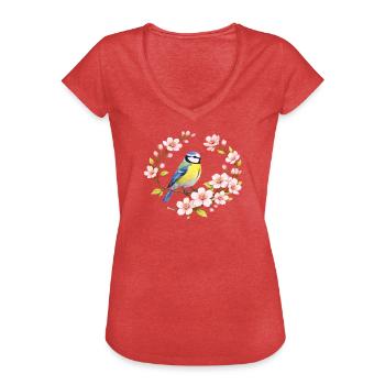 Blaumeise mit Kirschblüten Frühlingsmotiv - Frauen Vintage T-Shirt - Rot meliert - Vorne - Danielle (179cm)