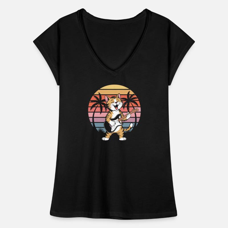 Chat de plage avec guitare dans un coucher de soleil rétro T-shirt vintage Femme