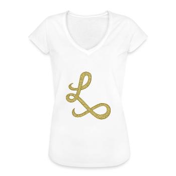 L - gold, letter, alphabet, monogram - Frauen Vintage T-Shirt - Schwarz - Vorne - Danielle (179cm)