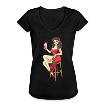 Cool Rockabilly Frau im Syle der 50er Design - Frauen Vintage T-Shirt - Schwarz - Vorne - Danielle (179cm)