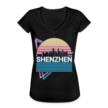 Shenzhen City Skyline Cityscape Rétro - T-shirt vintage Femme - noir - Devant - Danielle (179cm)