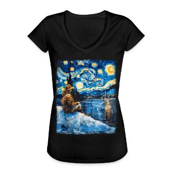 Eisfischen Eisfischer Fischer Sternennacht Gemälde - Frauen Vintage T-Shirt - Schwarz - Vorne - Danielle (179cm)