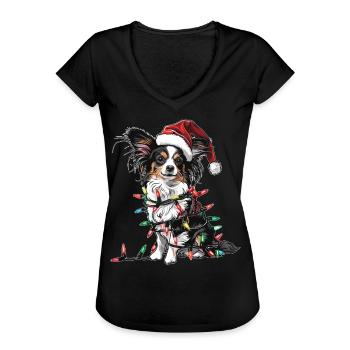 Niedlicher Papillon Hund Weihnachtsmütze Xmas - Frauen Vintage T-Shirt - Schwarz - Vorne - Danielle (179cm)