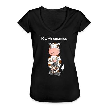 Kuh mit Kuscheltier I KUHscheltier Wortspiel - Frauen Vintage T-Shirt - Schwarz - Vorne - Danielle (179cm)