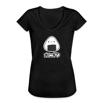 Onigiri + Japanische Schriftzeichen - Frauen Vintage T-Shirt - Schwarz - Vorne - Danielle (179cm)