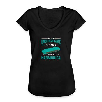 Never Underestimate Old Man With Mundharmonika - Frauen Vintage T-Shirt - Schwarz - Vorne