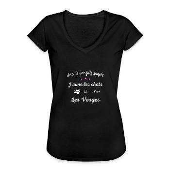 Je suis une fille simple, les chats et Les Vosges - T-shirt vintage Femme - noir - Devant - Danielle (179cm)