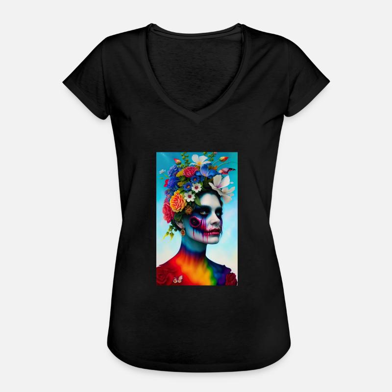ARTWORK Flower Head Rainbow - Women's Vintage T-Shirt - black