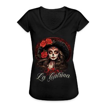 La Catrina Cooles Dia De Los Muertos Design - Frauen Vintage T-Shirt - Schwarz - Vorne - Danielle (179cm)