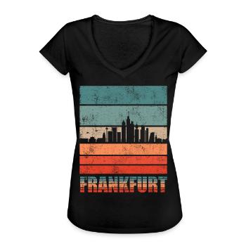 Frankfurt Skyline | Frankfurt Vintage Geschenk - Frauen Vintage T-Shirt - Schwarz - Vorne - Danielle (179cm)