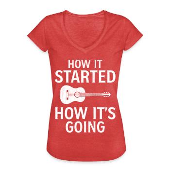 Guitare - Comment ça a commencé Comment ça va - Guitar Co - T-shirt vintage Femme - rouge chiné - Devant - Danielle (179cm)