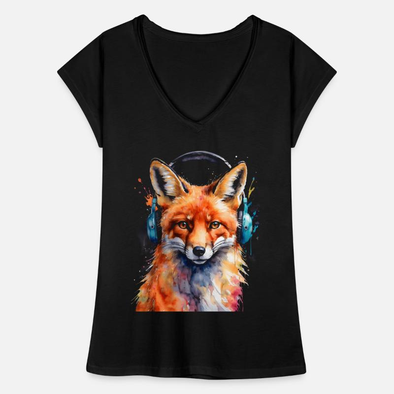 Fuchs Kopfhörer Musik Bunt Tier Design Print Frauen Vintage T-Shirt