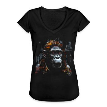 Monkey Art Architecture Chinoise Animal Lover - T-shirt vintage Femme - noir - Devant - Danielle (179cm)