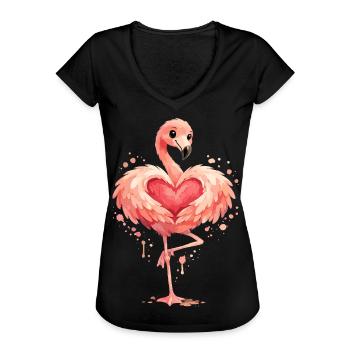Flamingo mit Herz | Niedliches Rosa Tier Geschenk - Frauen Vintage T-Shirt - Schwarz - Vorne - Danielle (179cm)