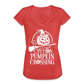 Halloween Kürbis Spruch Caution Pumkin Crossing - Frauen Vintage T-Shirt - Rot meliert - Vorne - Danielle (179cm)