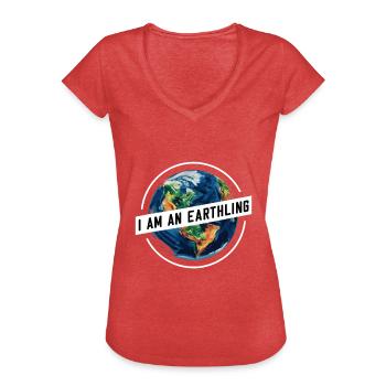 Je suis un terrien / Humain fier / Terre , Monde - T-shirt vintage Femme - rouge chiné - Devant - Danielle (179cm)