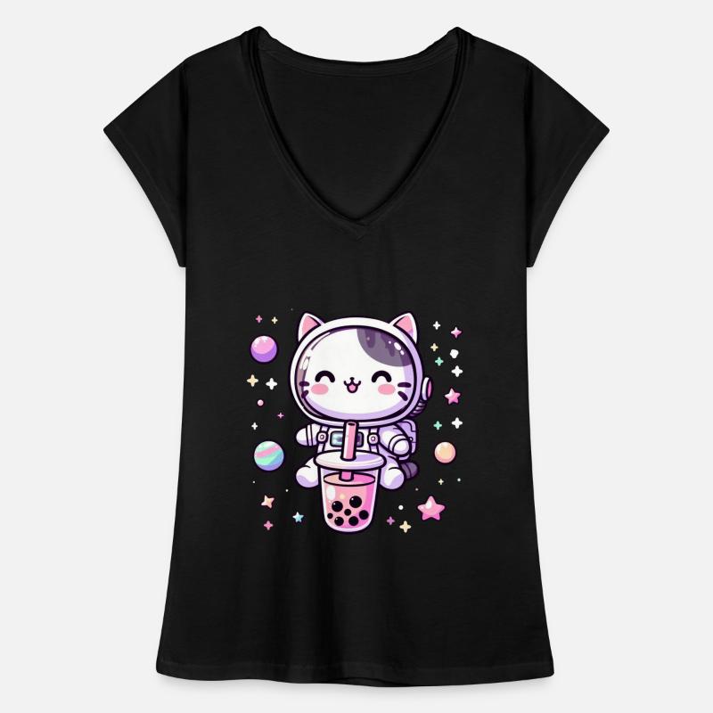 Kawaii Cat Astronaut Bubble Tea in Space Women's Vintage T-Shirt