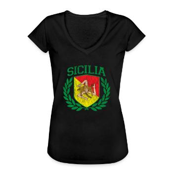 SIZILIEN - Sicilia Flagge und Schild Trinacria - - Frauen Vintage T-Shirt - Schwarz - Vorne - Danielle (179cm)