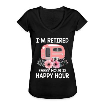 Olen eläkkeellä joka tunti on Happy Hour Funny Camping - Naisten vintage t-paita - musta - Edestä