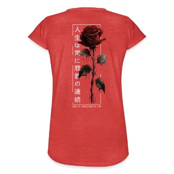 La vie est constamment Sin Rose Script japonais - T-shirt vintage Femme - rouge chiné - Dos - Danielle (179cm)