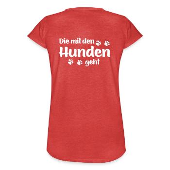 Qui va avec les chiens - pattes de chien - T-shirt vintage Femme - rouge chiné - Dos - Danielle (179cm)