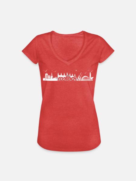 Rostock Skyline Silhouette - Frauen Vintage T-Shirt - Rot meliert