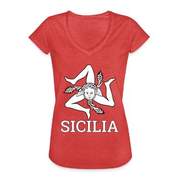 « Drapeau sicilien » - Sicile, Sicilia - T-shirt vintage Femme - rouge chiné - Devant - Danielle (179cm)