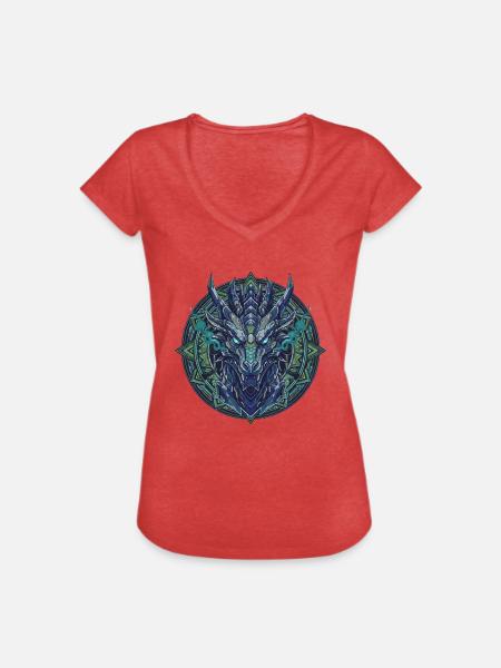 Blaugrüner Drache – Mystisches Mandala - Frauen Vintage T-Shirt - Rot meliert