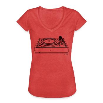 Platine double 1219 Platine rétro noir - T-shirt vintage Femme - rouge chiné - Devant - Danielle (179cm)