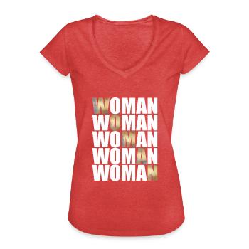 Femme avec des lettres dorées et blanches - T-shirt vintage Femme - rouge chiné - Devant